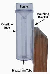 Clear plastic rain gauge mounted on a post in an open outdoor area